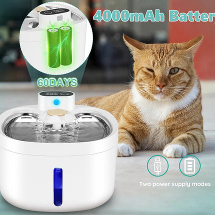 Pet water fountain with 4000mAh battery capacity and a cat sitting next to it.