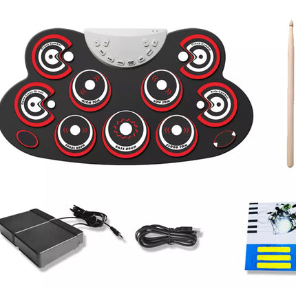 Electronic drum pad with drumsticks, power adapter, and cable on a white background