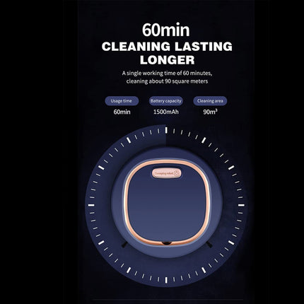 Product display with cleaning time and battery capacity information on a dark background