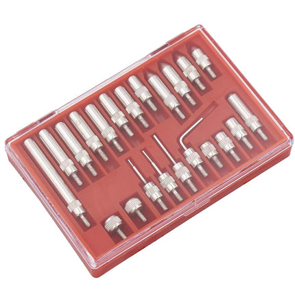 Set of metal drill bits in a red case on a white background