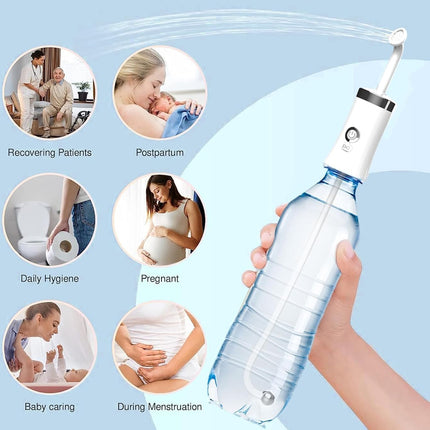 A handheld water flosser bottle with a clear water chamber and white nozzle, shown being held by a hand against a light blue background. The image includes six circular lifestyle inset photos showing the product's use cases: recovering patients, postpartum, daily hygiene, pregnant women, baby care, and during menstruation.