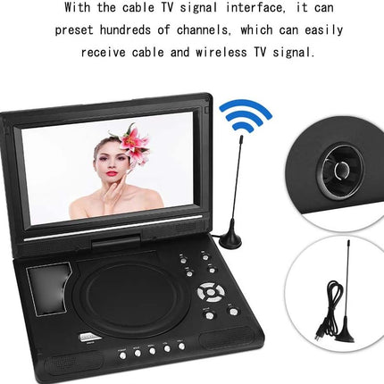 Portable DVD player with screen displaying a woman's face, surrounded by text and additional components on a white background.