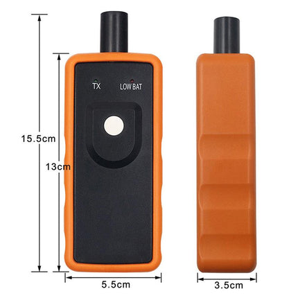 Orange and black device with measurements on a white background