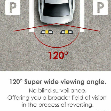 Diagram showing a car in a parking space with a 120-degree viewing angle indicator.