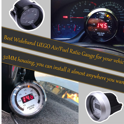 Car air/fuel ratio gauge with close-up shots and text on a road background