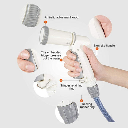 Handheld shower head with labeled parts on a white background