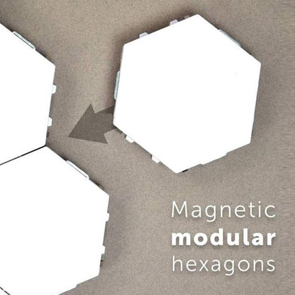 Hexagonal tiles with text 'Magnetic modular hexagons' on a neutral background