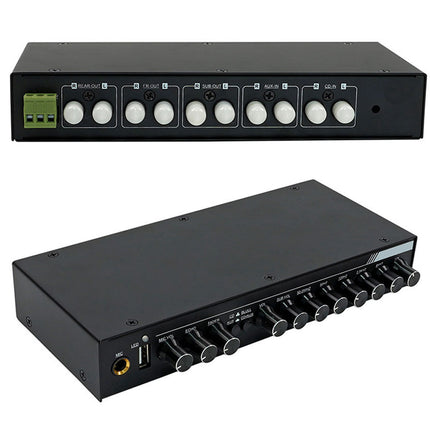 A black multi-channel audio distribution amplifier or speaker receiver, shown from two angles: the front panel with white volume knobs and a green terminal block, and the side panel with multiple audio outputs and a USB port.