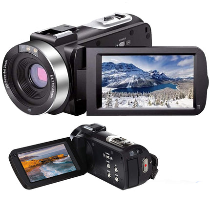 Digital video camera with dual screens displaying mountain landscapes on a white background