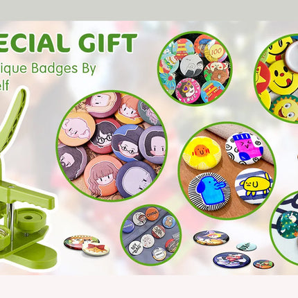 Button making kit with colorful badges and a press on a light background