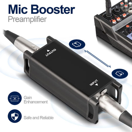 Mic Booster Preamplifier with labeled features on a white background