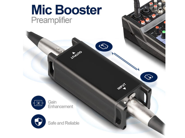 Mic Booster Preamplifier with labeled features on a white background