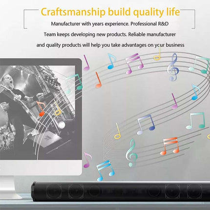 A computer monitor displays a black-and-white photo of a musician, with colorful floating musical notes and staff lines swirling around it. Above the screen, Chinese marketing text reads 'Craftsmanship build quality life' and additional promotional copy.