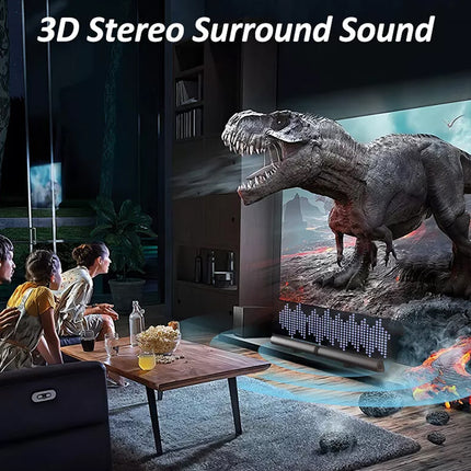 People watching a dinosaur movie on a large screen with 3D stereo surround sound equipment.