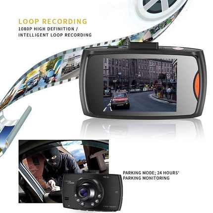 Car dashboard camera with loop recording features on a white background