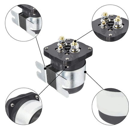 A technical product diagram showing a cylindrical black and silver component with four circular callout insets highlighting different features, all on a white background.