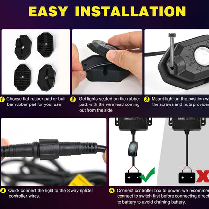 Step-by-step guide for easy installation of a light system with text and images.