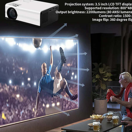 Projector displaying a soccer game on a screen with room interior in the background