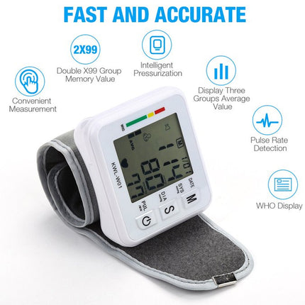 Wrist blood pressure monitor with features listed on a white background