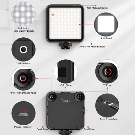Camera light with labeled features on a white background