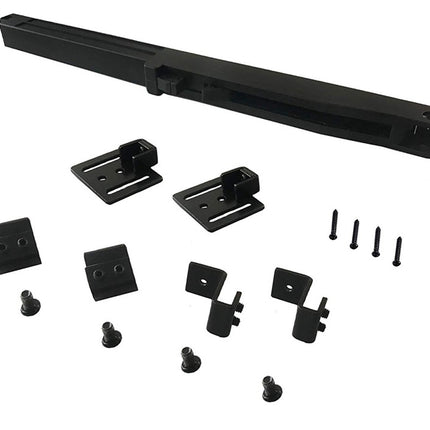 Black metal components including a long bar, brackets, and screws on a white background