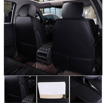 Black car seat covers inside a vehicle with additional images of the product packaging.