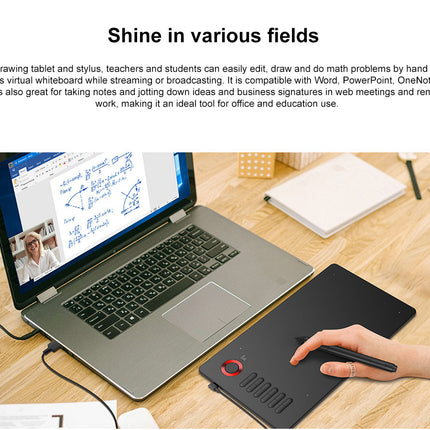 Laptop with drawing tablet and stylus on a desk, used for remote work and education.