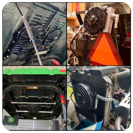 Collage of four images showing different views of a vehicle's cooling system.