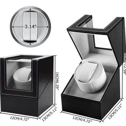 Black watch box with a white watch inside, showing dimensions on a white background