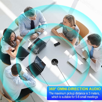 Group of people sitting around a table with laptops, surrounded by a 360-degree audio pickup circle.