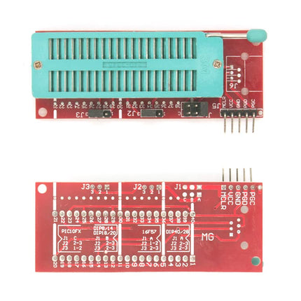 A red electronic breadboard plug-in board shown from two angles on a white background, with a turquoise solder mask and white printed circuit traces.