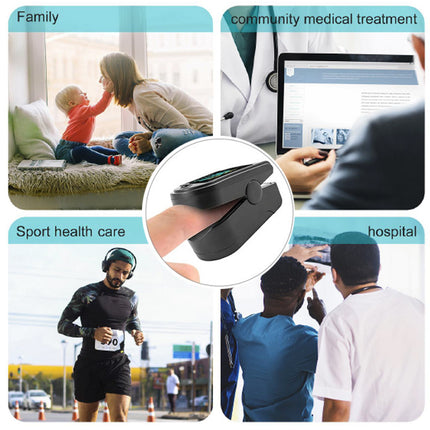 Collage of images showing a device in use in various settings including family, medical treatment, sports, and hospital.