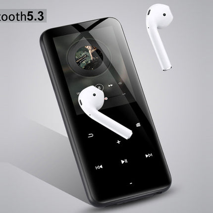 A black Bluetooth music player shown at an angle with two white wireless earbuds floating around it on a light gray background. The text 'Bluetooth 5.