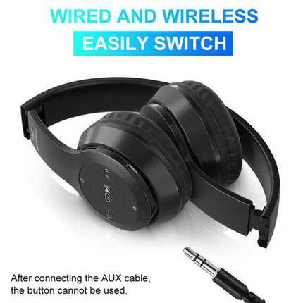 Black headphones with a cable on a white background, featuring text about wired and wireless switching.