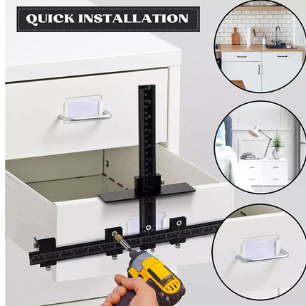 A black metal drawer organizer guide shown being installed into a white drawer, with a hand using a yellow cordless drill. The image includes a 'QUICK INSTALLATION' banner and three circular inset photos showing different interior room settings.