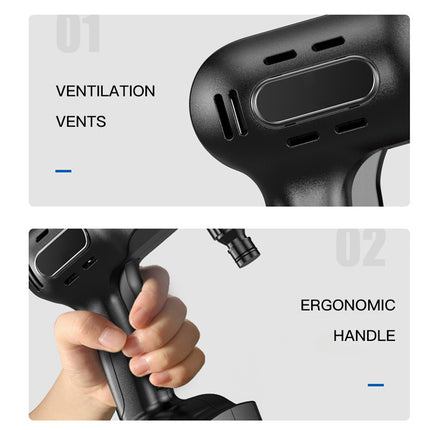 Black hair dryer with ventilation events and ergonomic handle on a white background