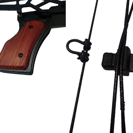 Close-up of a bow with a wooden grip and black strings on a white background