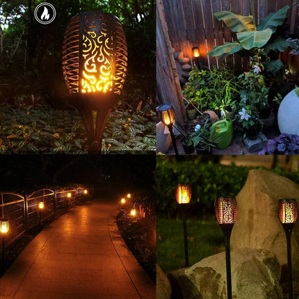 Collage of outdoor solar lamps in various settings, including a garden and pathway.