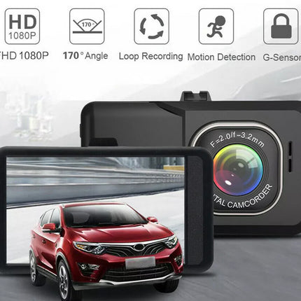 Car dashboard camera with features displayed on a white background