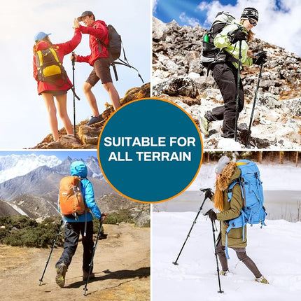 Collage of people hiking in various terrains with text 'Suitable for all terrain'.