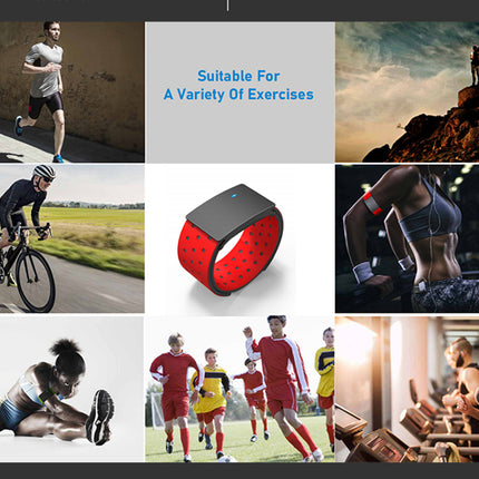 Collage of people exercising in various activities with a central focus on a red and black device.