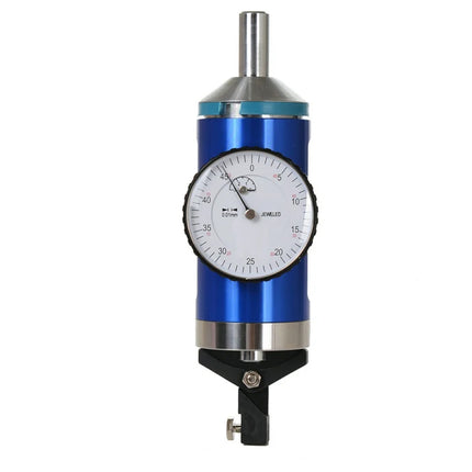 Mechanical gauge with blue and silver design on a white background
