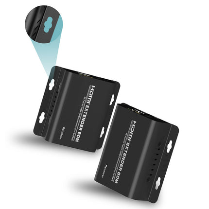 Two black HDMI extenders on a white background