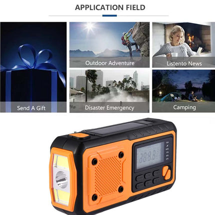 An orange and black portable radio shown below a section titled 'APPLICATION FIELD' with six usage examples: Send A Gift, Outdoor Adventure, Listento News, Disaster Emergency, and Camping.