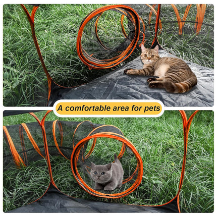 A split-panel product demonstration showing a cat playpen in grass. The top panel shows an adult tabby cat lying on a black mat with orange-tipped tunnels.