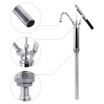 Stainless steel hand pump with close-up details on a white background