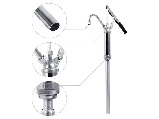 Stainless steel hand pump with close-up details on a white background