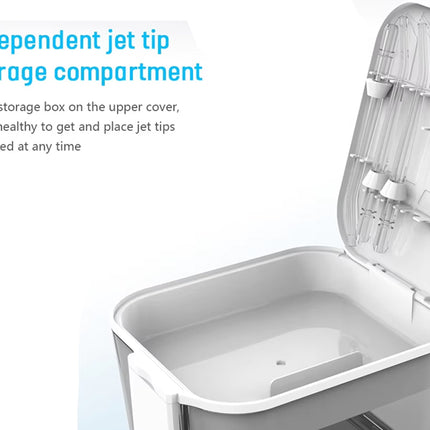 A white jet ski fuel tank with its lid open, showing an integrated independent jet tip storage compartment with clear plastic holders. Text on the left highlights the storage compartment feature.