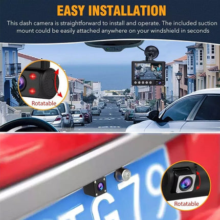 Car dashboard with a dash camera, suction mount, and road scene in the background.