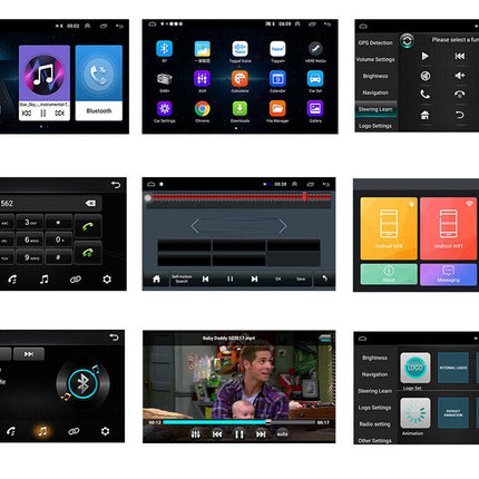 Collection of car infotainment system interfaces on a white background